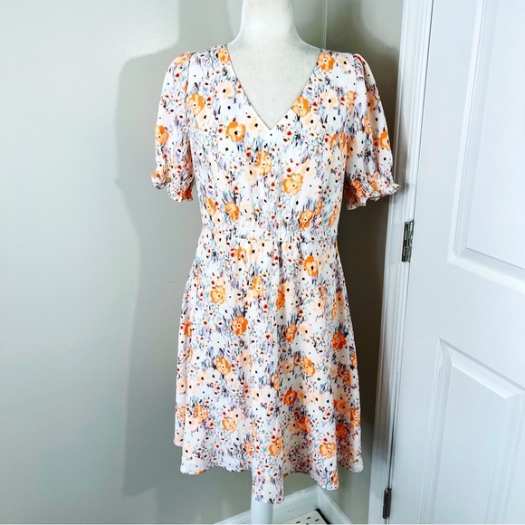 LOFT White with Orange & Blue Floral V-Neck Puff Sleeve Fit & Flare Dress - 6 - Picture 2 of 13